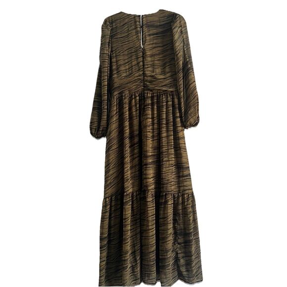Chelsea28 Split Long Sleeve Tiered Dress In Olive Black Geode Stripe Size Large - Picture 5 of 5